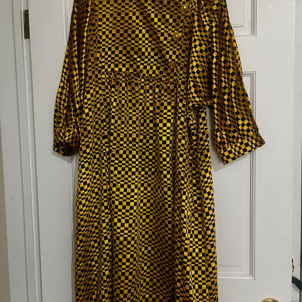 Batsheva Gold and Black Checkered Velvet Long Sleeve Dress